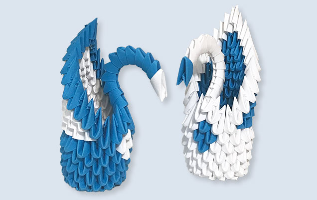 blue and white 3d origami swans