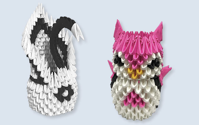black and white 3d origami swan and pink owl